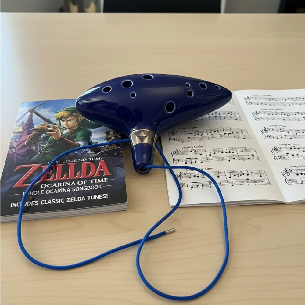 12-Hole Bass Ocarina of Time – Ceramic Deep Blue + Zelda Songbook & Neck Strap